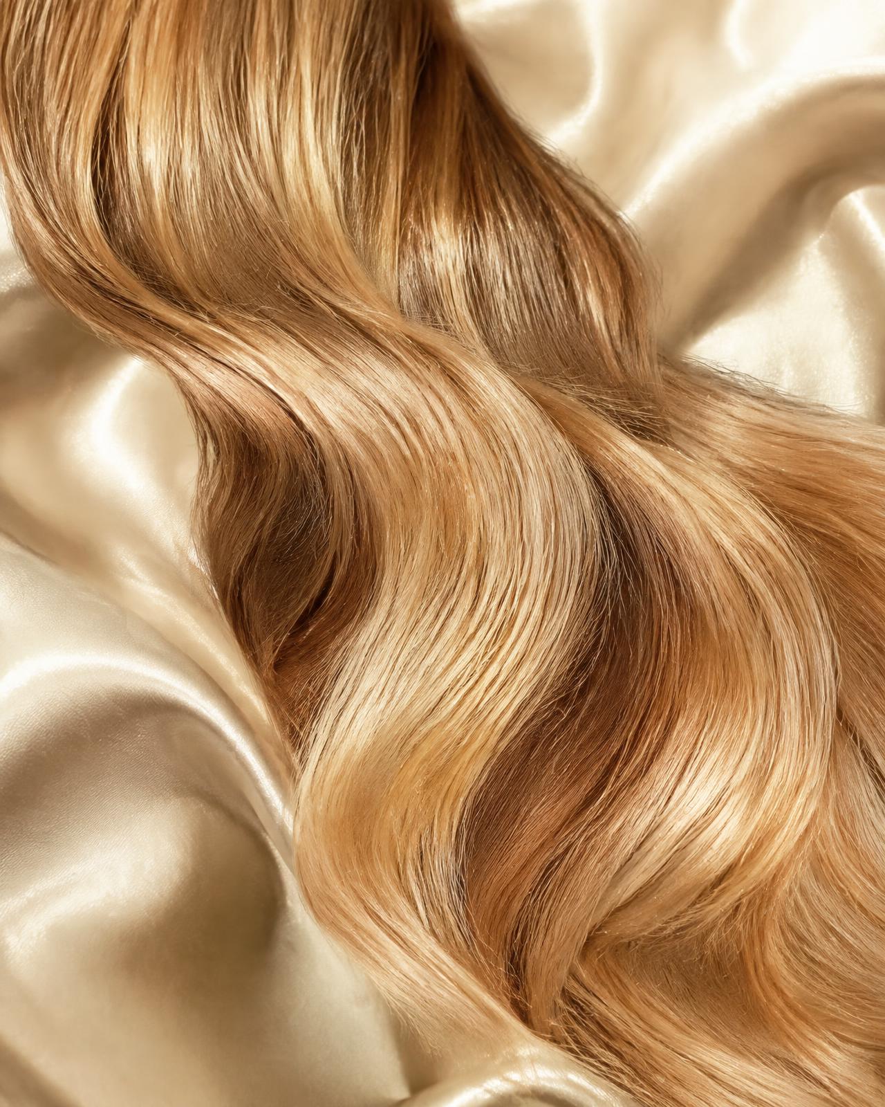 Glossy honey blonde balayage hair on ivory silk